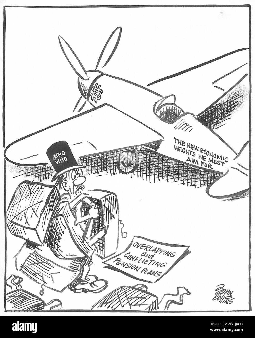 Cartoon - so viele Fallschirme, dass wir nicht in das Flugzeug kommen können. John Collins (1917-2007) Stockfoto