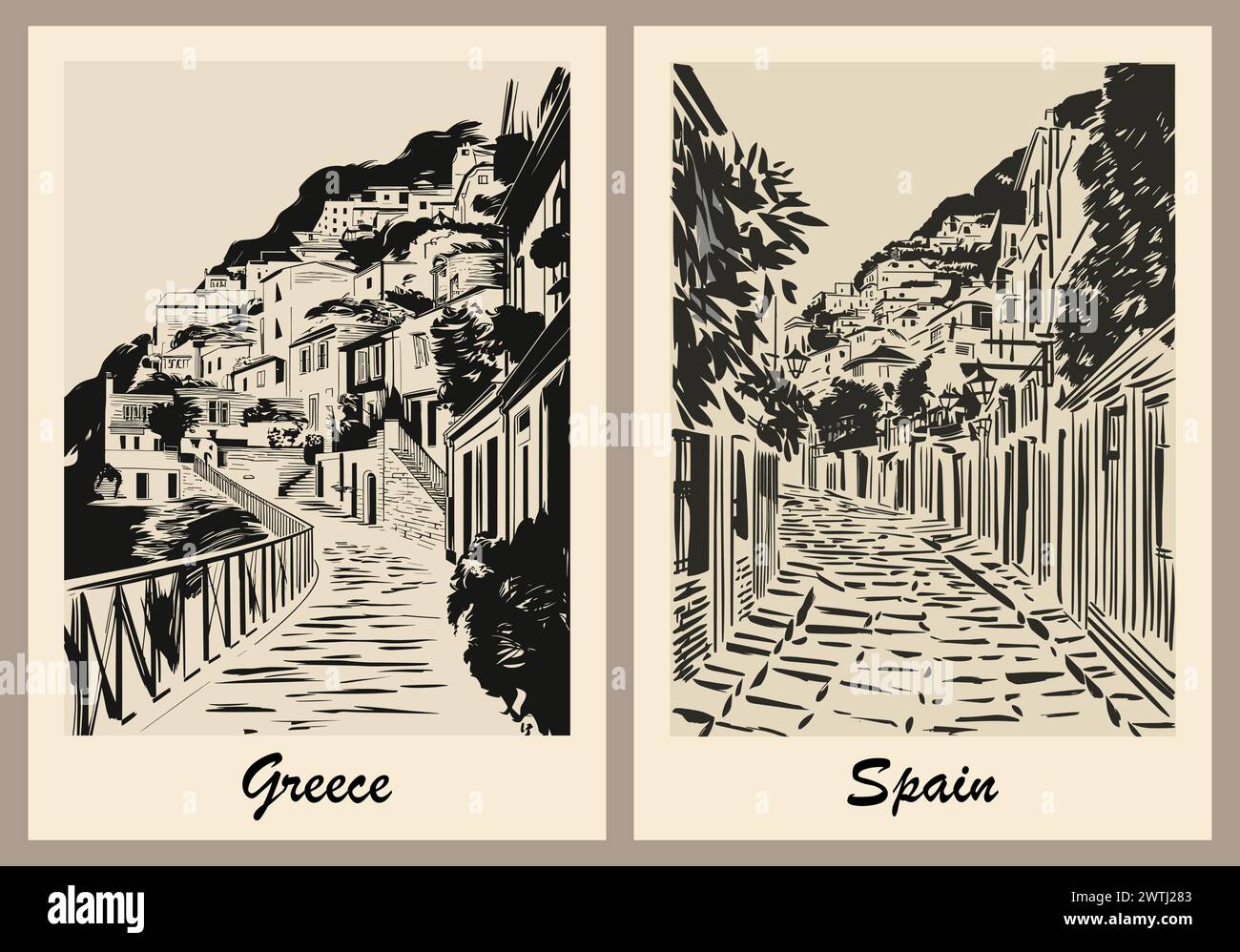 Griechenland und Spanien Reiseplakate im Retro-Stil. Stock Vektor