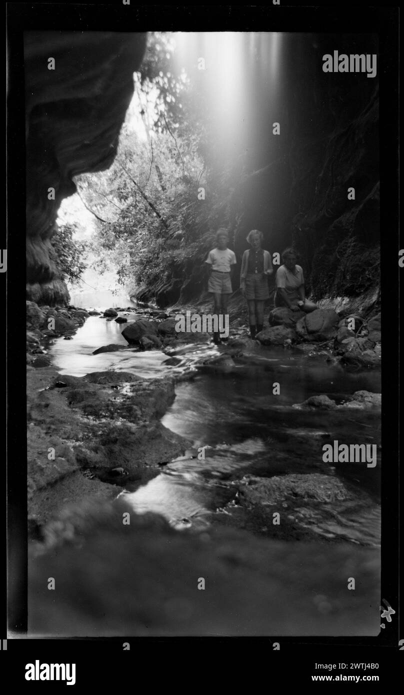 Besuchen Sie Putangirua Pinnacles und alte Maori-Stätten, Gelatine, Silber, Schwarz-weiß-negative Stockfoto