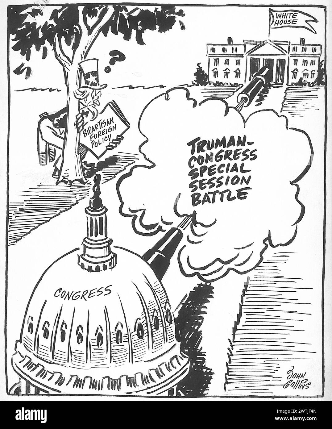 Cartoon - Was ist mit den unschuldigen Zuschauern? John Collins (1917-2007) Stockfoto