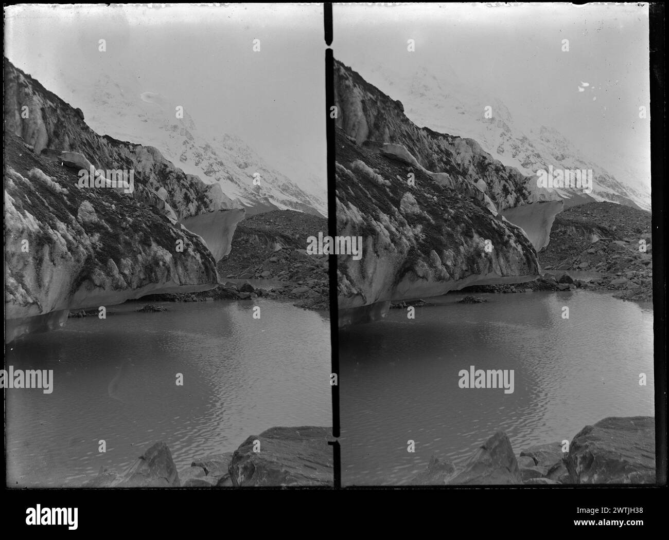 Glacier- Mount Cook Schwarzweiß-negative, Gelatine-Trockenplatten-negative, Stereogramme Stockfoto