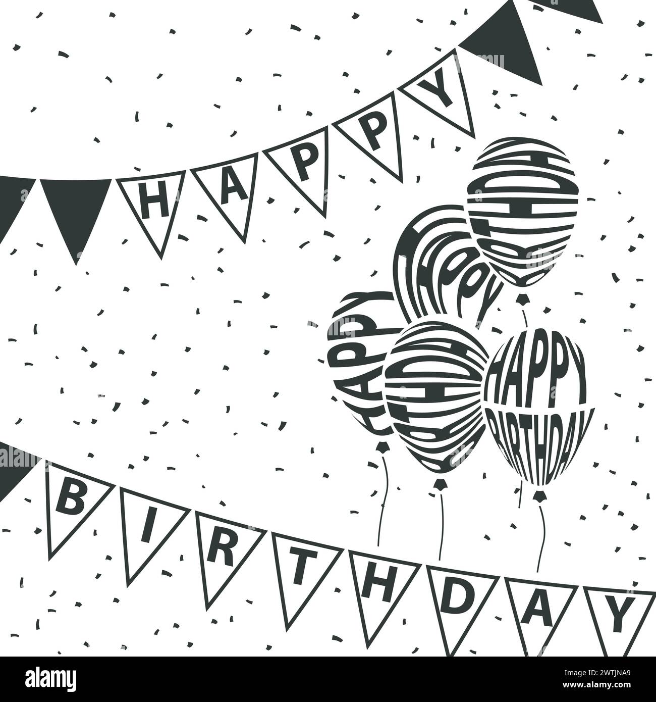 Happy Birthday Party mit Dreieck-Fahnen und Konfetti-Hintergrund, Vektor-Illustration Stock Vektor
