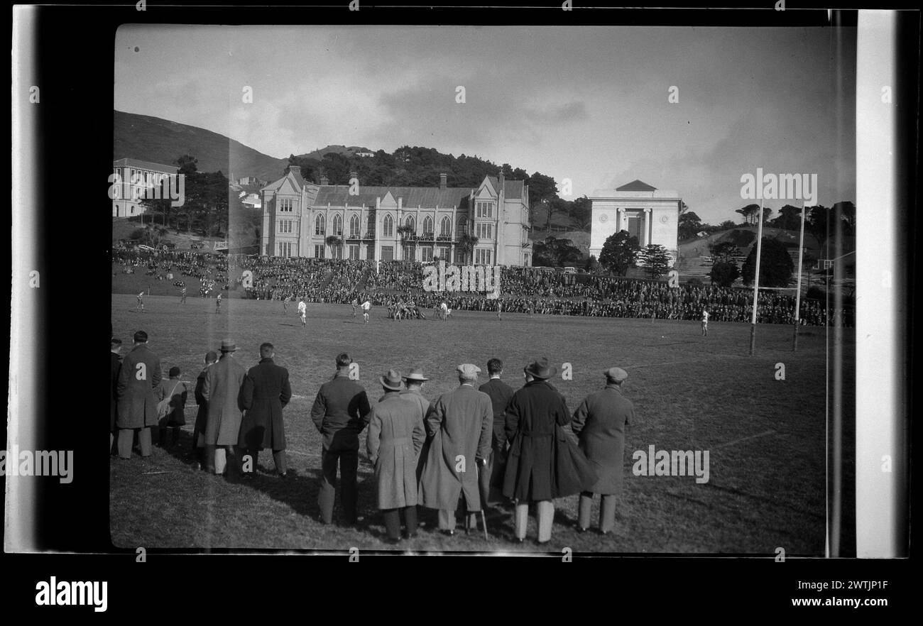 Wellington Boys College, Sporttag Massen Nitratnegative, Schwarzweiß negative Stockfoto