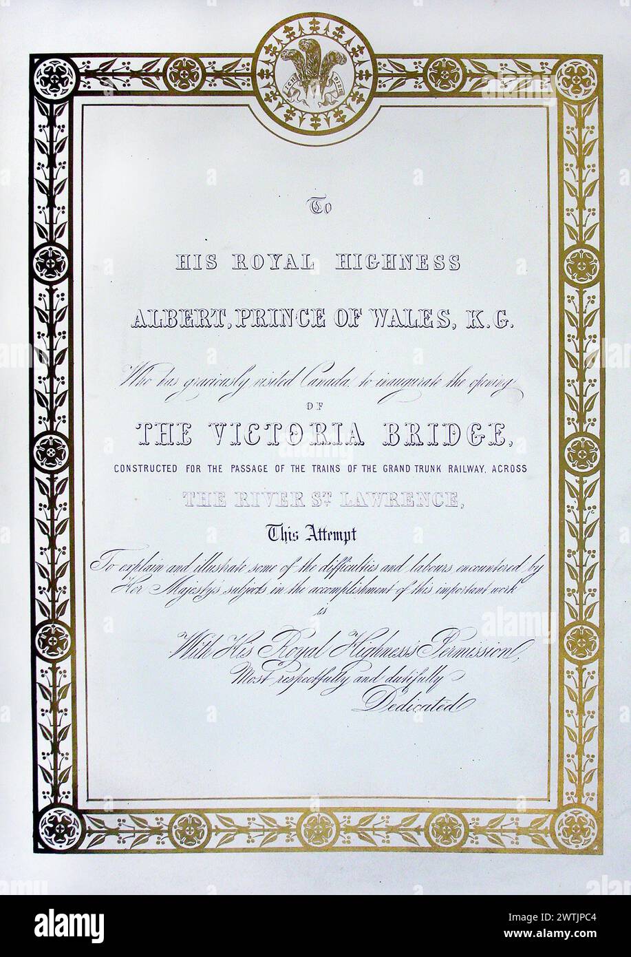 Chromolithograph - an H.R.H. Albert, Prince of Wales, Widmungsseite, Victoria Bridge Engineer's Report, 1859-60 Anonym Stockfoto