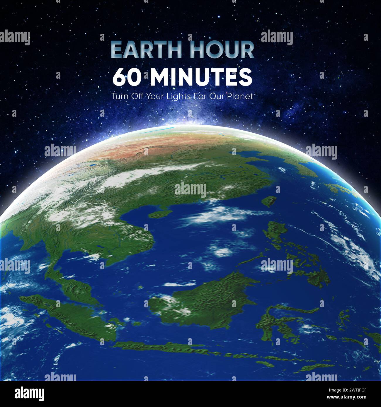 Poster „Earth Hour Asia“-Kampagne. Planet Erde im Weltraum. Schalten Sie die Lichter aus. Klimawandel und die Erde zu retten. Stockfoto