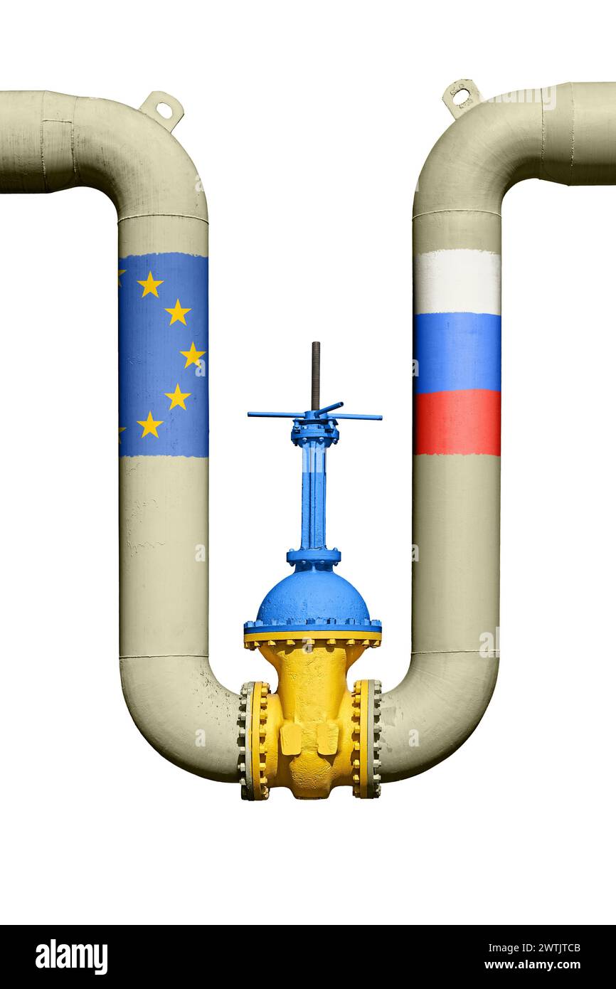 Ukrainisches Absperrventil an der Gasleitung zwischen Russland und der Europäischen Union. Geopolitische Spannungen um Energieressourcen Stockfoto