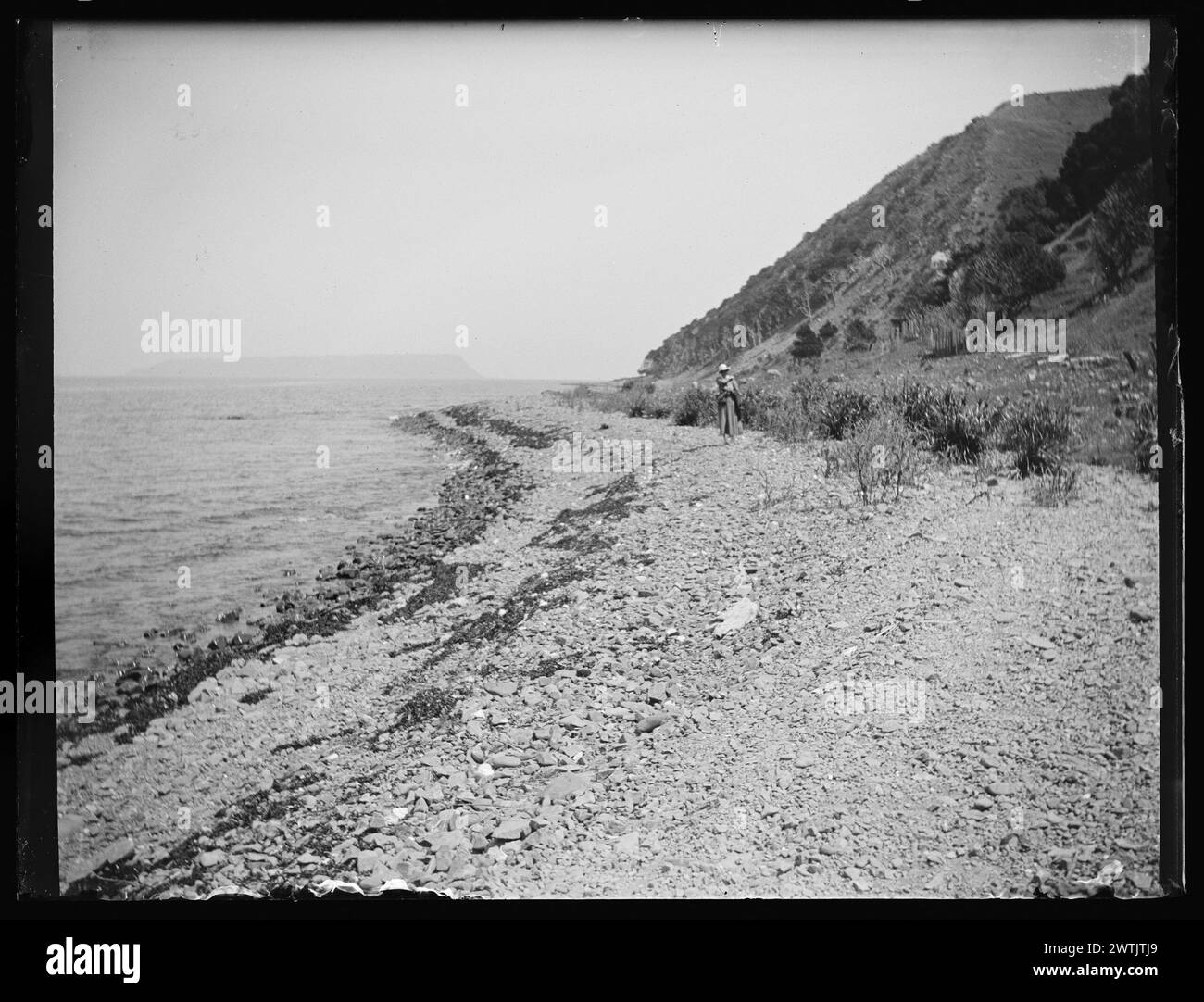 Entlang des Kieselstrandes Gelatine-Trockenteller-negative, Schwarzweiß-negative Stockfoto