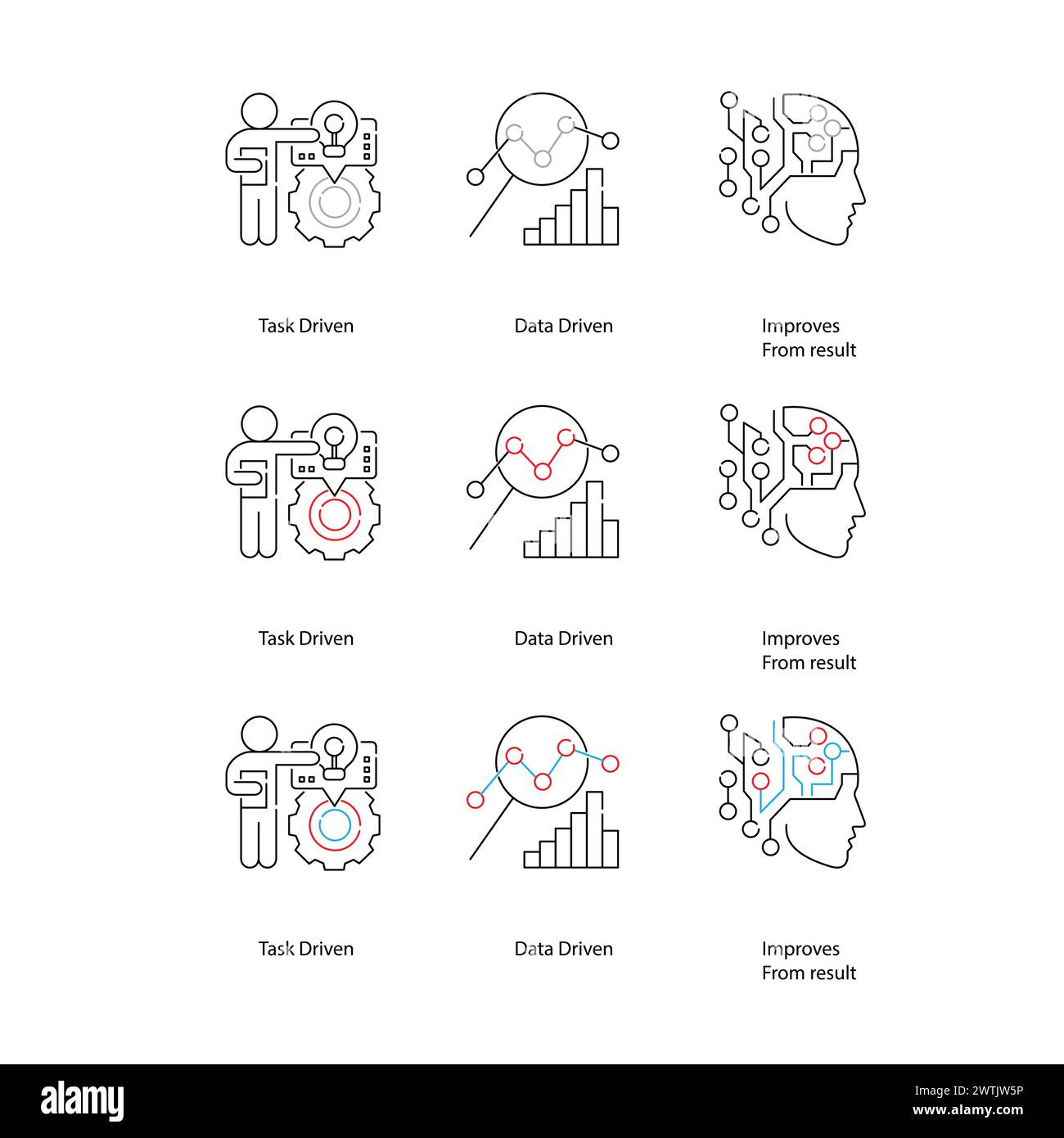 Algorithmus-Symbole Für Maschinelles Lernen Rationalisieren Von Entscheidungsfindungsprozessen Vektor-Symbol-Design-Set Stock Vektor