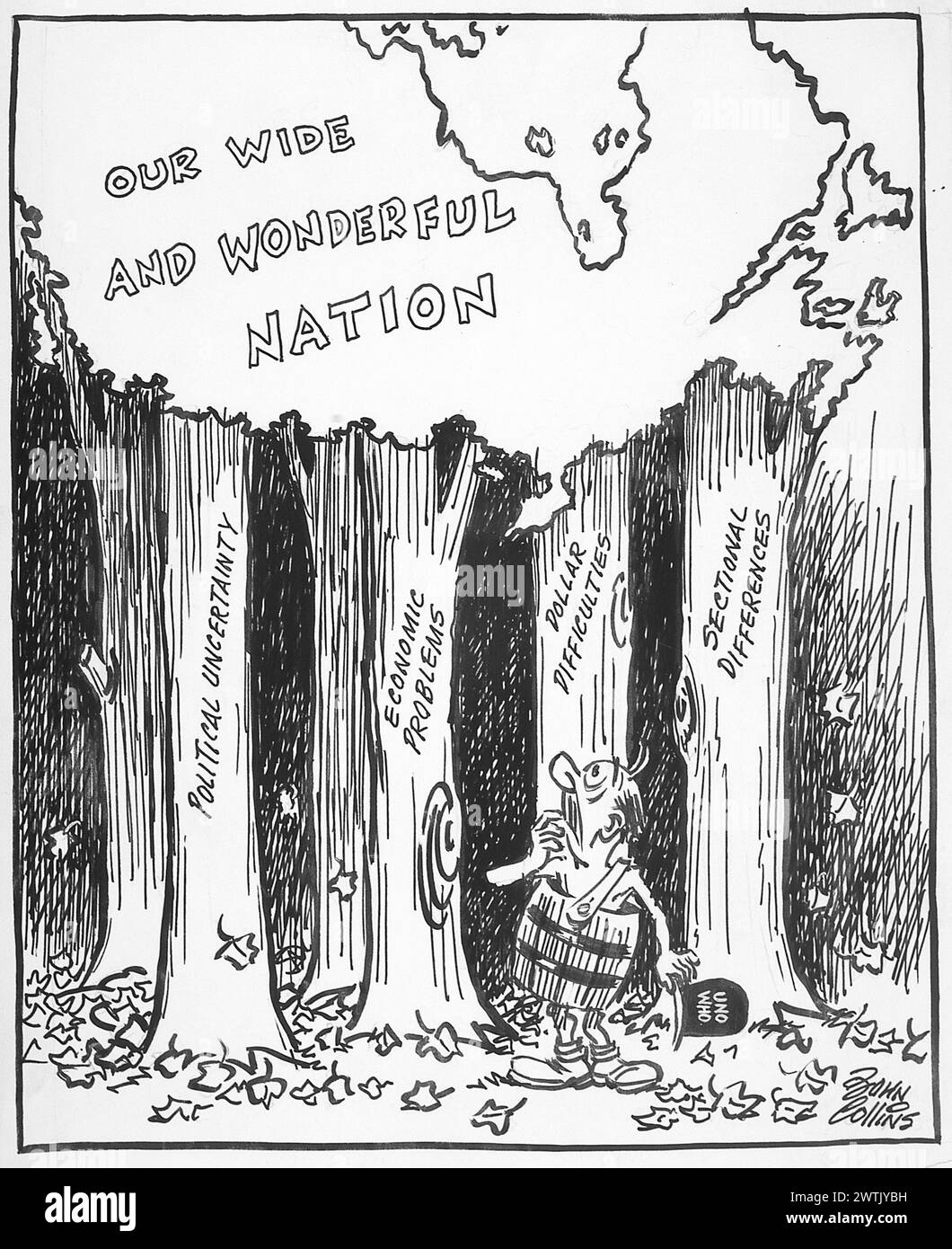Cartoon – manchmal muss man aufschauen, um den Wald von den Bäumen zu unterscheiden. John Collins (1917-2007) Stockfoto