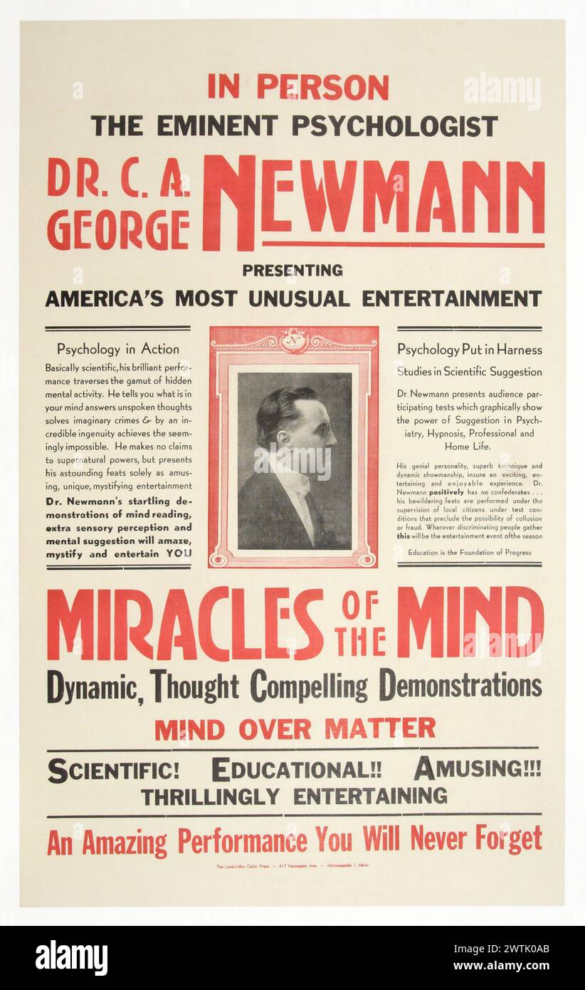 Magisches Poster - persönlich präsentiert der berühmte Psychologe Dr. C.A. George Newmann Amerikas ungewöhnlichste Unterhaltung Stockfoto