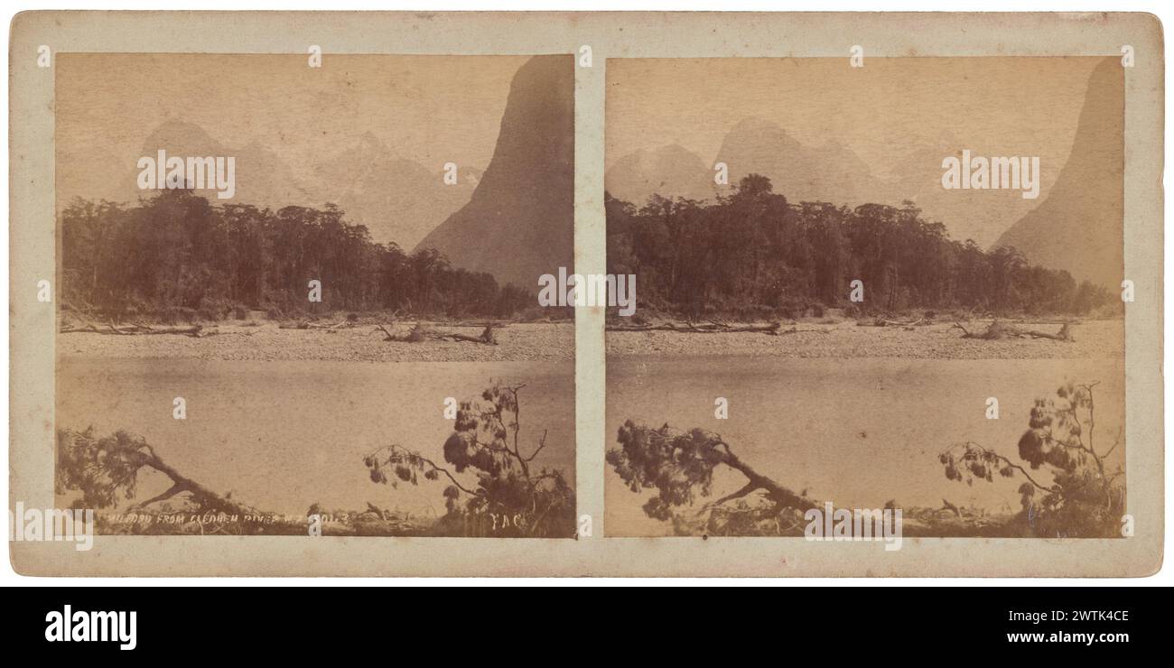 Milford vom Glendeu River, Neuseeland stereoskopische Fotos, Schwarzweißdrucke Stockfoto