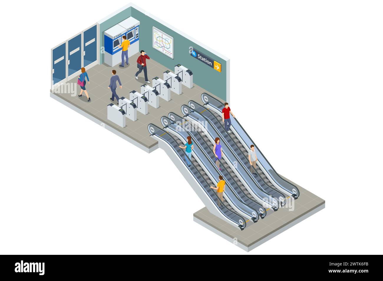 Isometrie stehen auf der Rolltreppe in der U-Bahn. Hochgeschwindigkeitszug. Inklusive U-Bahn, Bahnhof. U-Bahn-Station, S-Bahn-Schnellverkehr Stock Vektor
