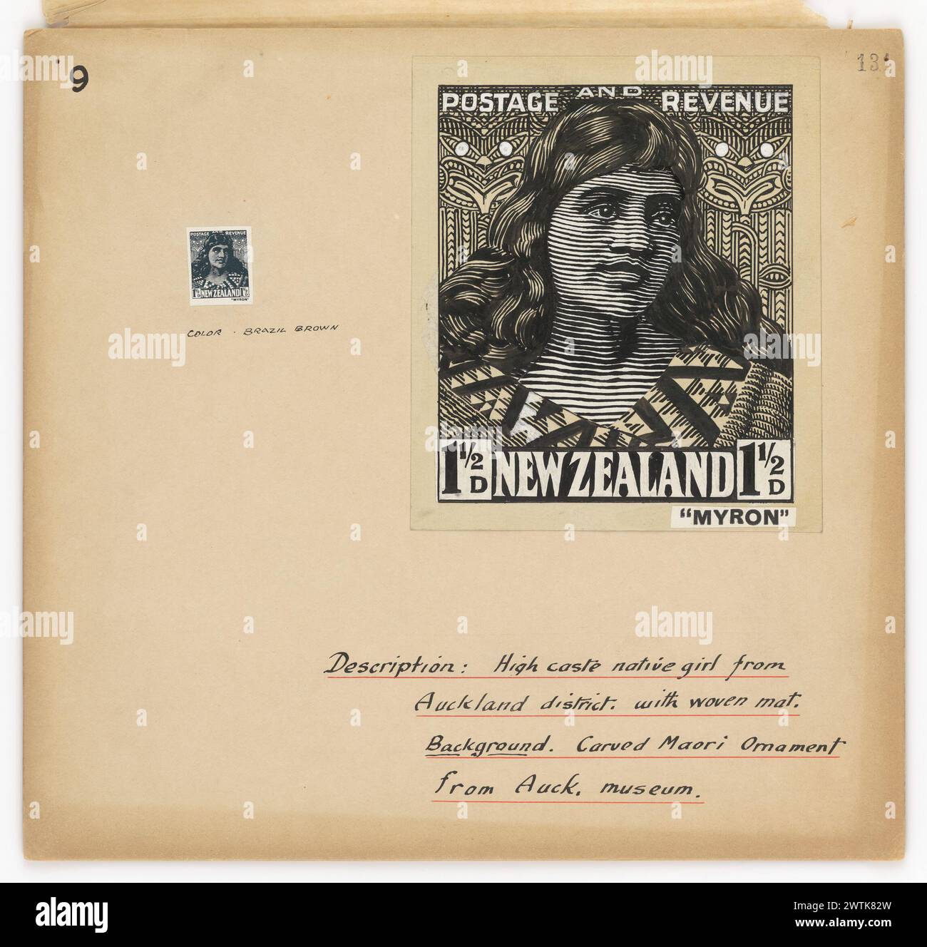 Unakzeptiertes Design für anderthalb Cent 1935 bildliche Stempeldesign Zeichnungen, Kopien Stockfoto