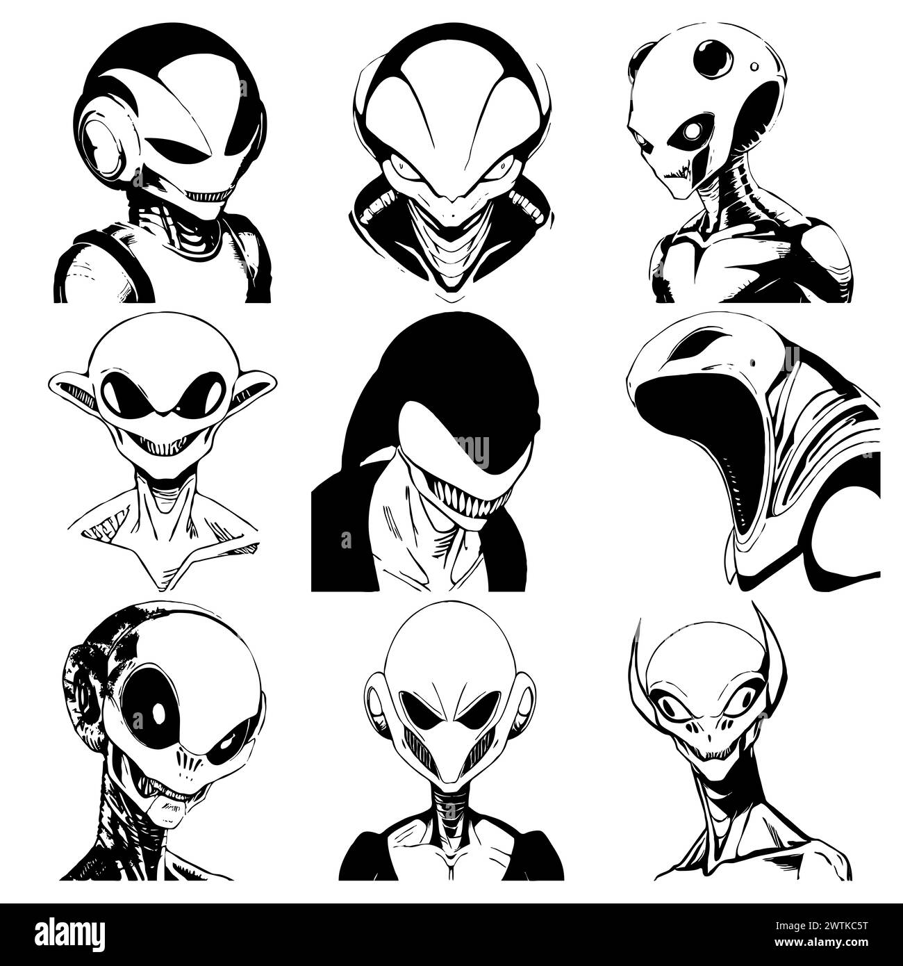 Alien. Strichgrafik. Minimalistische Illustration. T-Shirt-Print, Tattoo-Design. Stockfoto