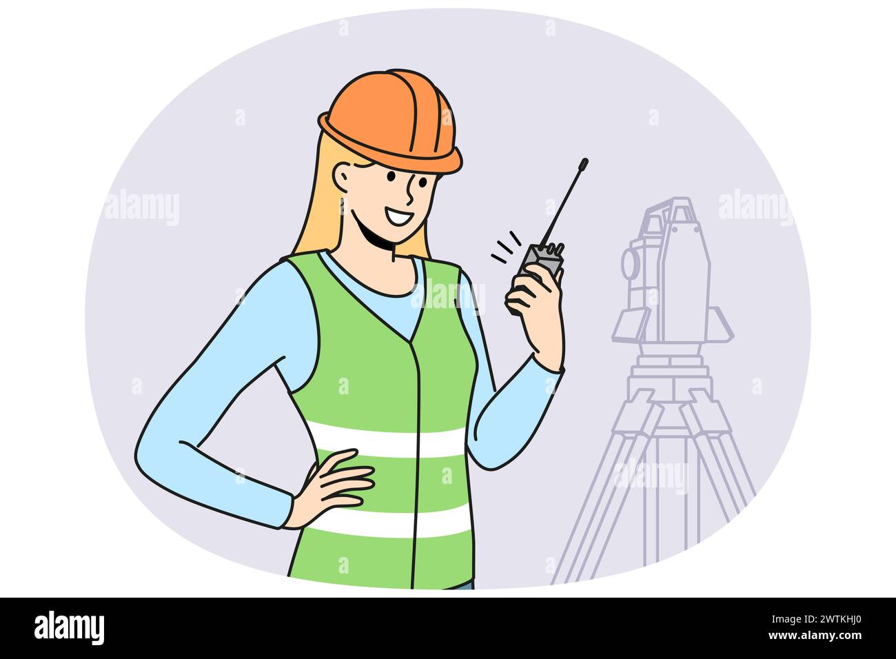 Lächelnde Ingenieurin in Helm und Uniform, die mit geodätischen Geräten auf der Baustelle arbeitet. Glückliche Ingenieurin auf dem Baugelände. Vektordarstellung. Stock Vektor