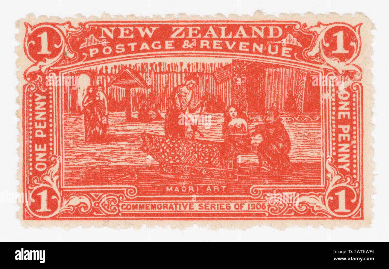 Ein Penny 'Maori Art' Christchurch Ausstellungsmarke in kupferfarbenen Briefmarken Stockfoto