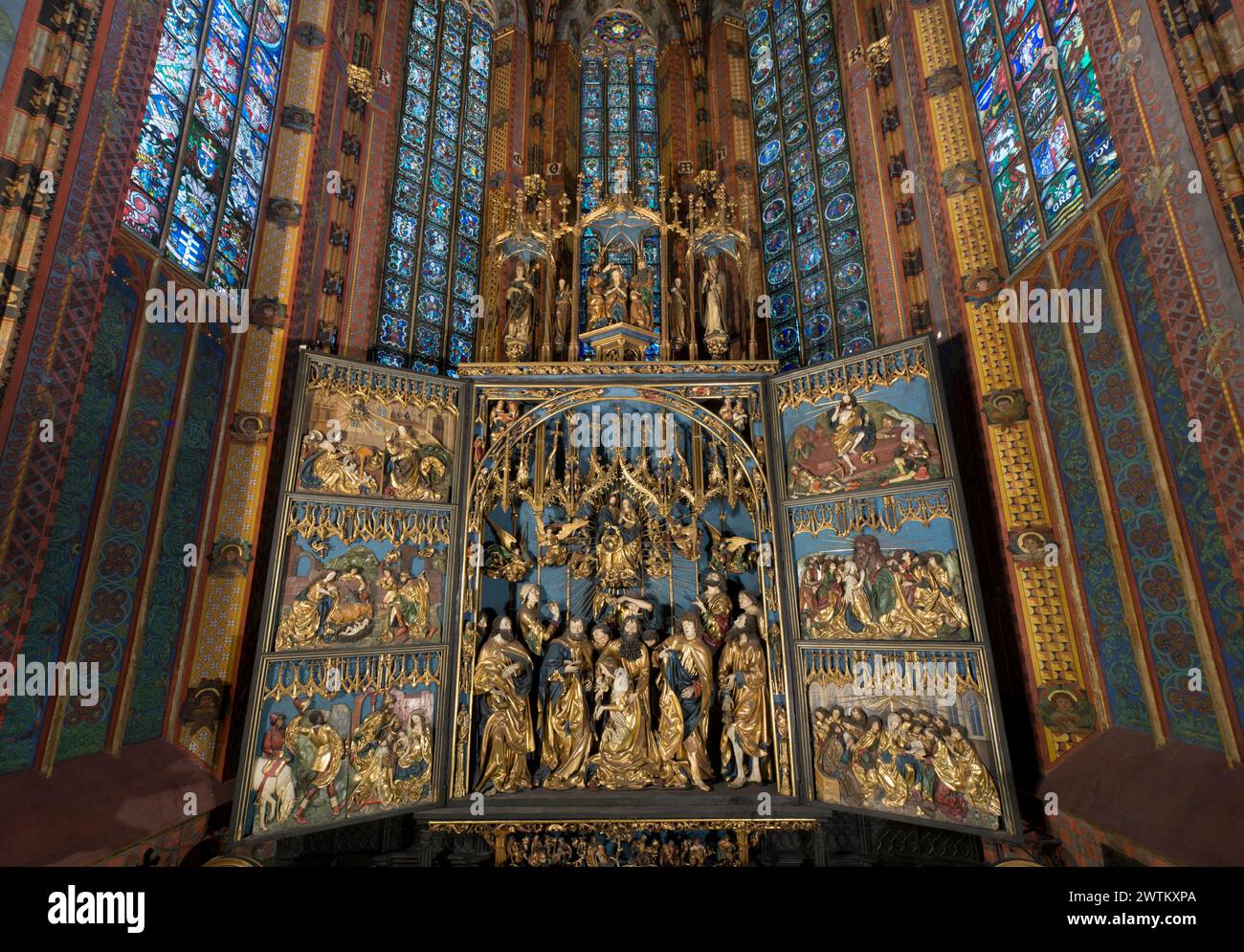 Veit Stoss Altaraufsatz, St. Marienkirche, Krakau, Altstadt, Polen Stockfoto