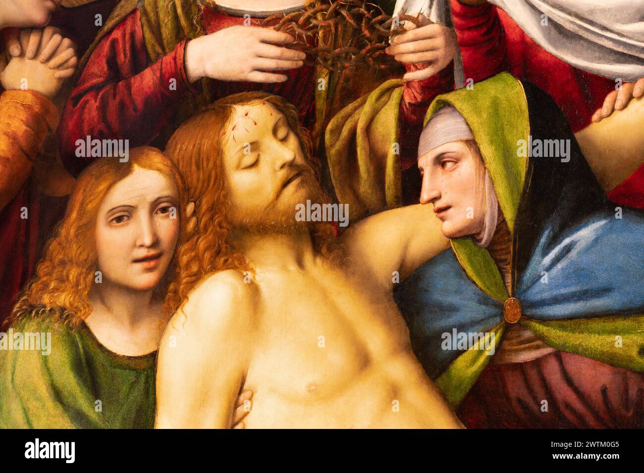 MAILAND, ITALIEN - 7. MÄRZ 2024: Das Detail der Renaissancemalerei der Ablagerung Christi - Cappella della Passione in San Giorgio in der Kirche Palazo Stockfoto