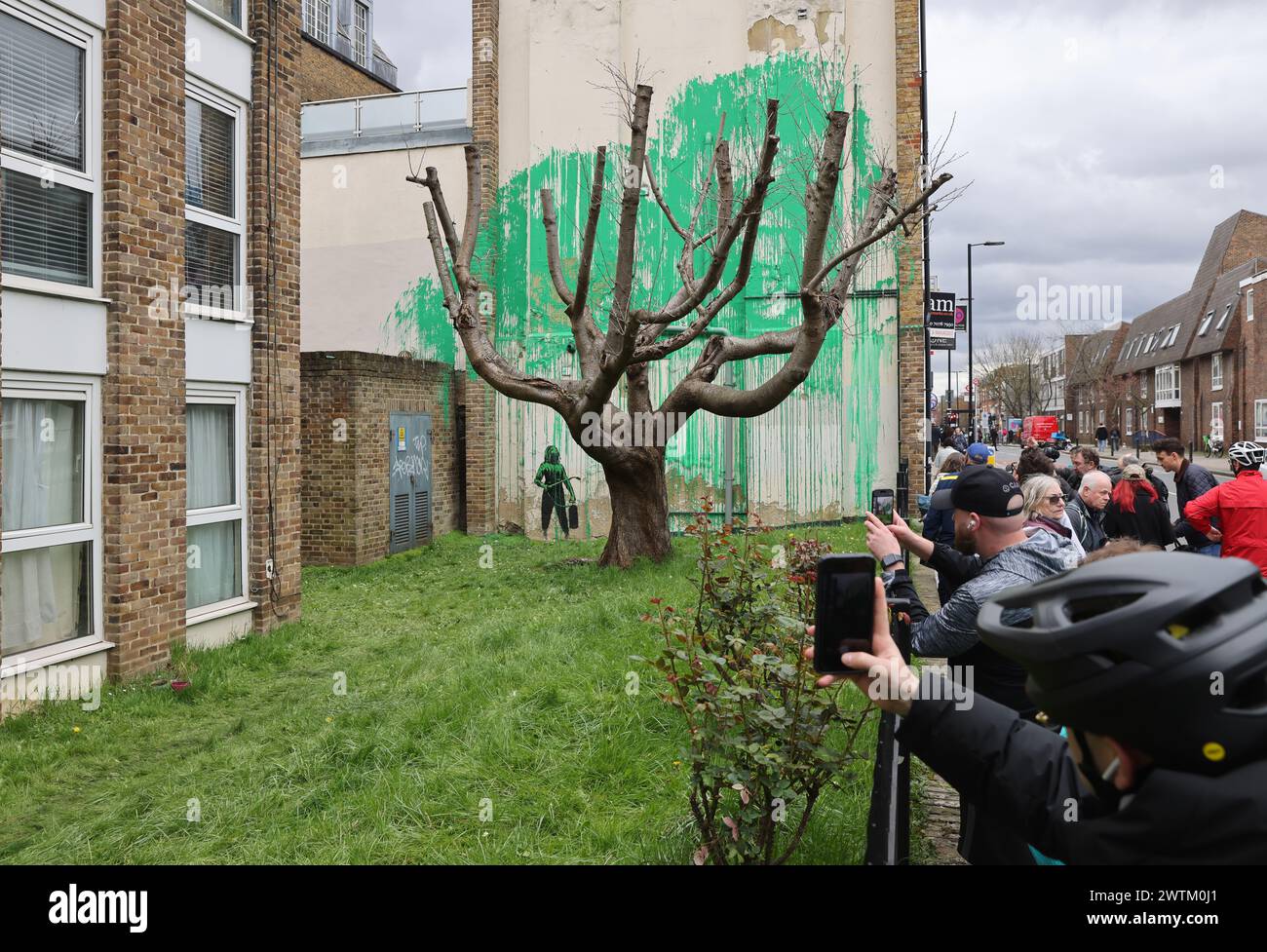 London, Großbritannien, 18. März 2024. Besucher haben sich in der Hornsey Street in der Nähe des Finsbury Park im Norden Londons versammelt, um Banksys neues Wandgemälde zu sehen. Grüne Farbe wurde auf eine Wand hinter dem Baum gesprüht, um die Illusion von Laub zu erwecken. Eine Person hält einen Druckschlauch daneben. Die grüne Farbe scheint der Beschilderung des Islington Council zu ähneln, und es gibt auch eine mögliche Verbindung zum St. Patrick's Day gestern. Kredit : Monica Wells/Alamy Live News Stockfoto