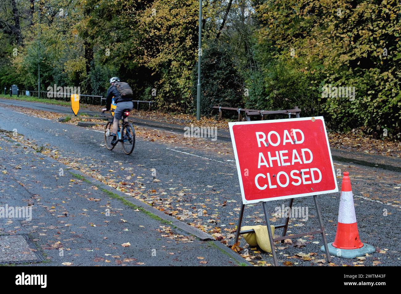 Ein Radfahrer, der an einem großen Schild „Road Ahead Closed“ auf einer Stadtstraße in Shepperton Surrey England, Großbritannien, vorbeifährt Stockfoto