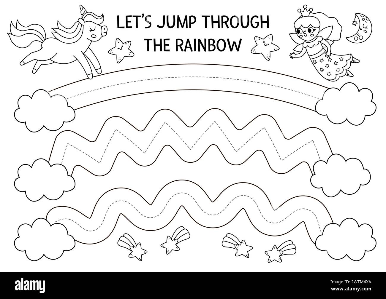 Vektorhandschrift Übungsblatt mit Einhorn, das durch Regenbögen springt. Fantasy druckbare Schwarzweiß-Aktivität für Kinder. Nachverfolgungsspiel für wri Stock Vektor