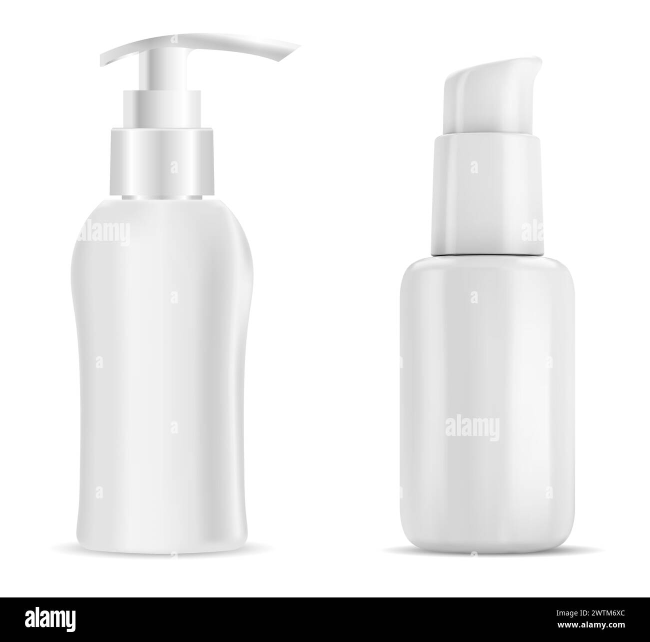 Pumpflasche. Kosmetikbehälter mit Spender, Vektormodell. Verpackungsschablone für Körper- oder Gesichtspflege. Conditioner Pack Produktprobe mit Dispense Stock Vektor