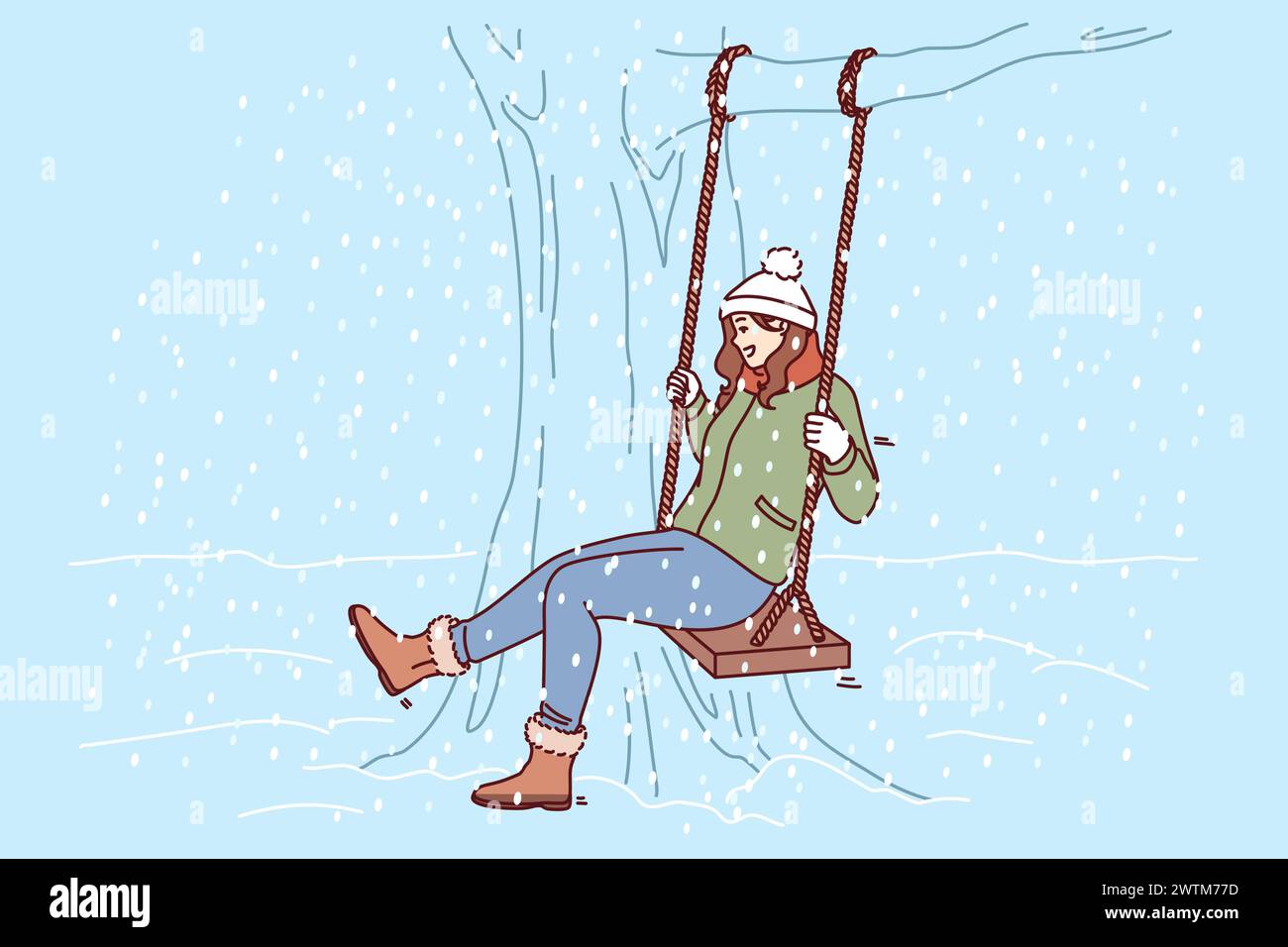Die Frau schwingt im Winterpark auf Schaukel und freut sich über den fallenden Schnee und das bevorstehende weihnachtsfest oder Neujahr. Junge Mädchen lacht in der Natur bei kaltem Wetter während der Winterferien. Stock Vektor