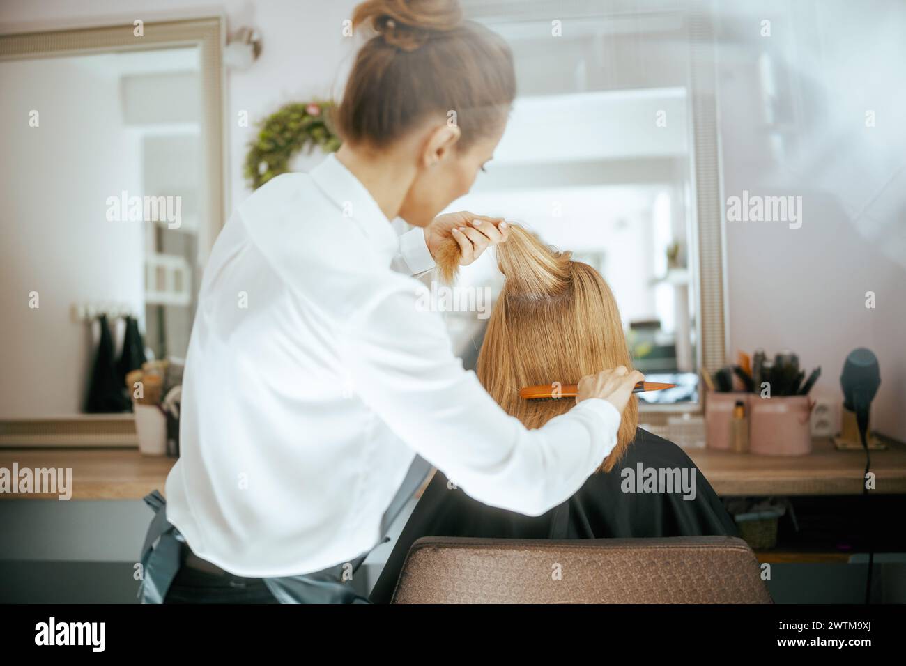 Von hinten gesehen Friseurin in modernem Schönheitssalon mit Haarbürste und Kunde. Stockfoto