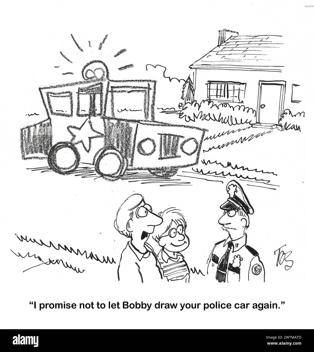 BW Cartoon eines Vaters mit seinem Sohn und einem Polizisten. Der Sohn zeichnet gerne Polizeiautos. Stockfoto