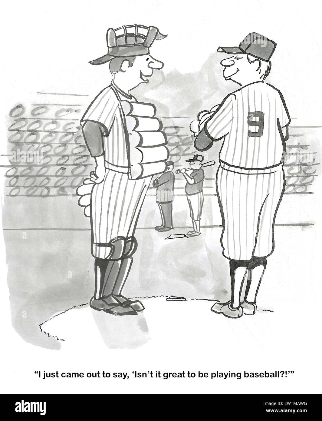 BW-Cartoon eines Baseballfängers, der sagt, wie toll Baseball ist, und im Allgemeinen mit dem Pitcher während des Spiels plaudert. Stockfoto