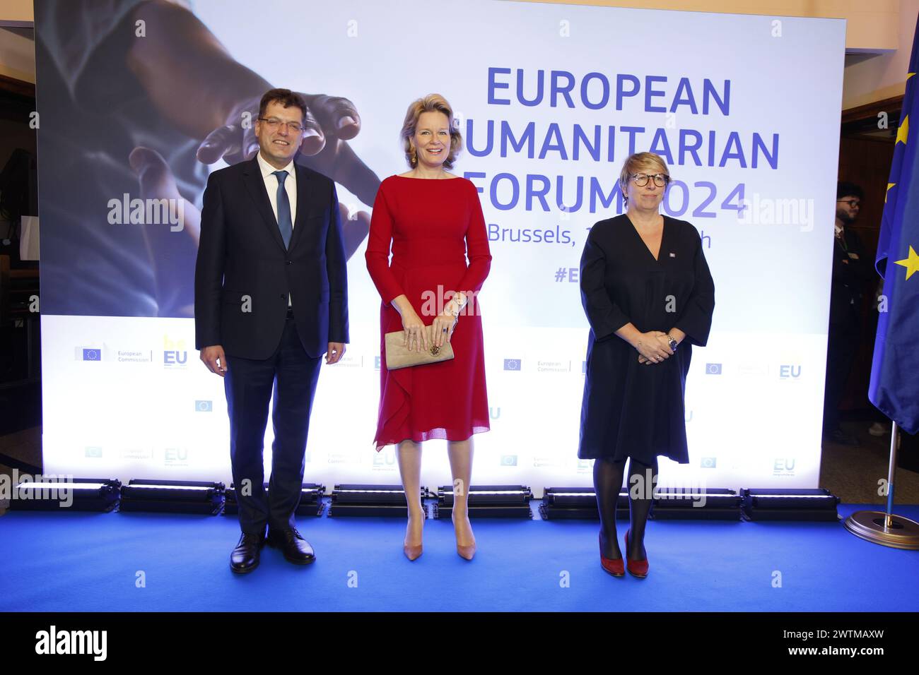 Brüssel, Belgien März 2024. Königin Mathilde von Belgien und Ministerin für Entwicklungszusammenarbeit und Metropolitanpolitik Caroline Gennez, die während eines königlichen Besuchs beim Treffen „Europäisches Forum für humanitäre Hilfe 2024“ zur Erörterung des weltweiten humanitären Bedarfs am Montag, den 18. März 2024 in Brüssel vorgestellt wurden. BELGA FOTO NICOLAS MAETERLINCK Credit: Belga News Agency/Alamy Live News Stockfoto