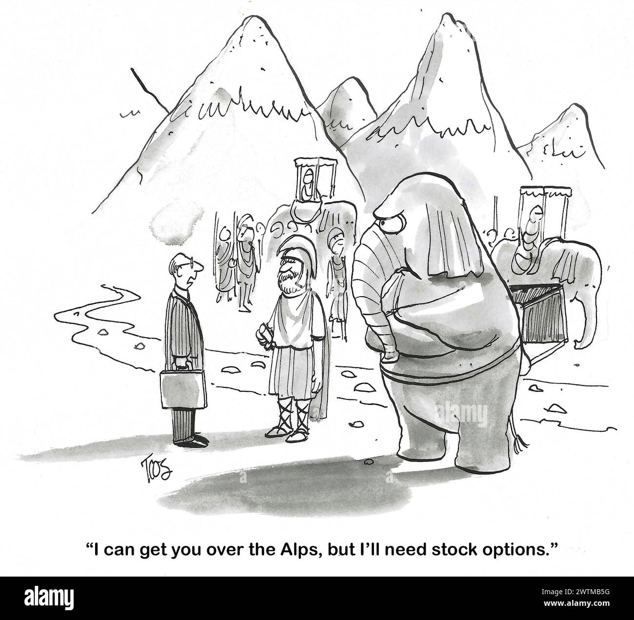 BW-Cartoon eines Geschäftsmannes, der Hannibal sagt, er wolle Aktienoptionen im Gegenzug für seine Führung über die Alpen. Stockfoto