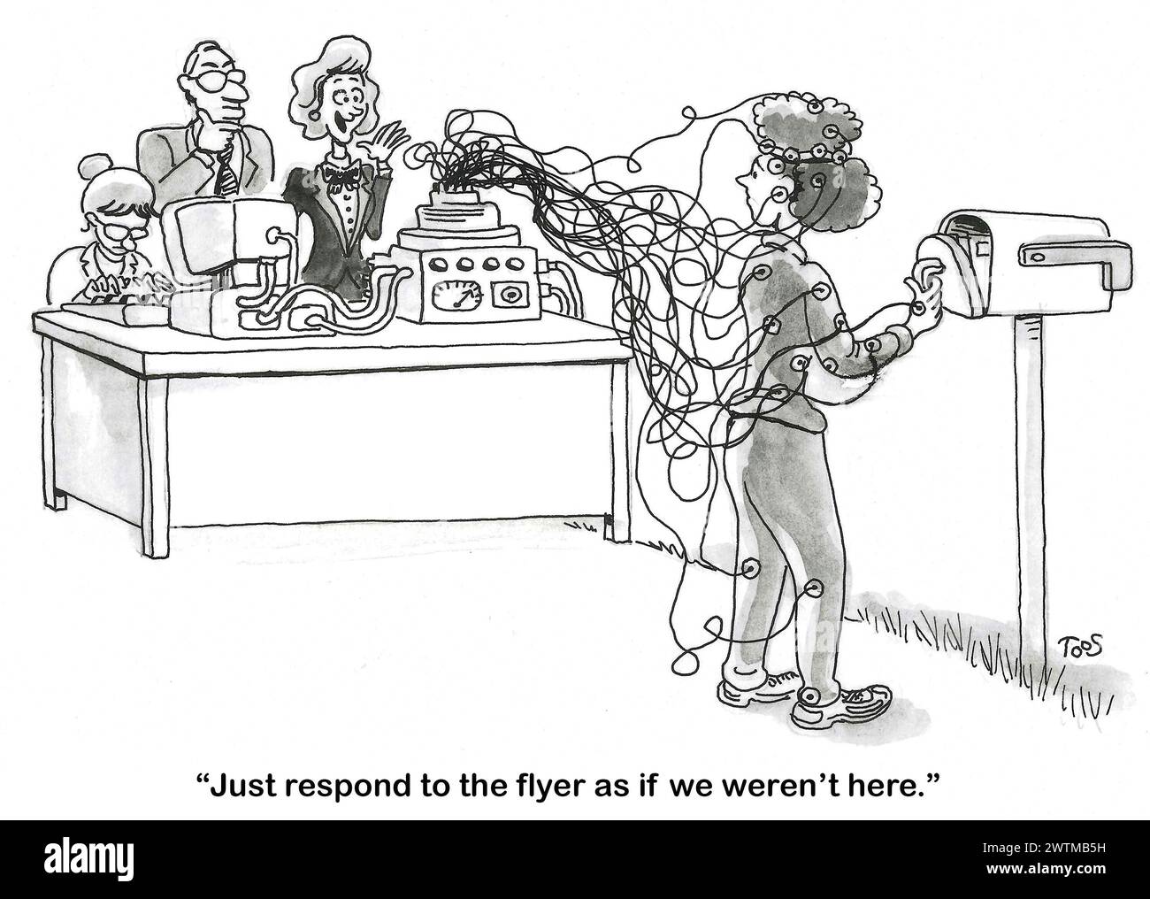 BW-Cartoon eines Marktforschungsunternehmens, das viele Kabel mit der Person verbindet, um Reaktionen auf den Werbeflyer zu erfahren. Stockfoto
