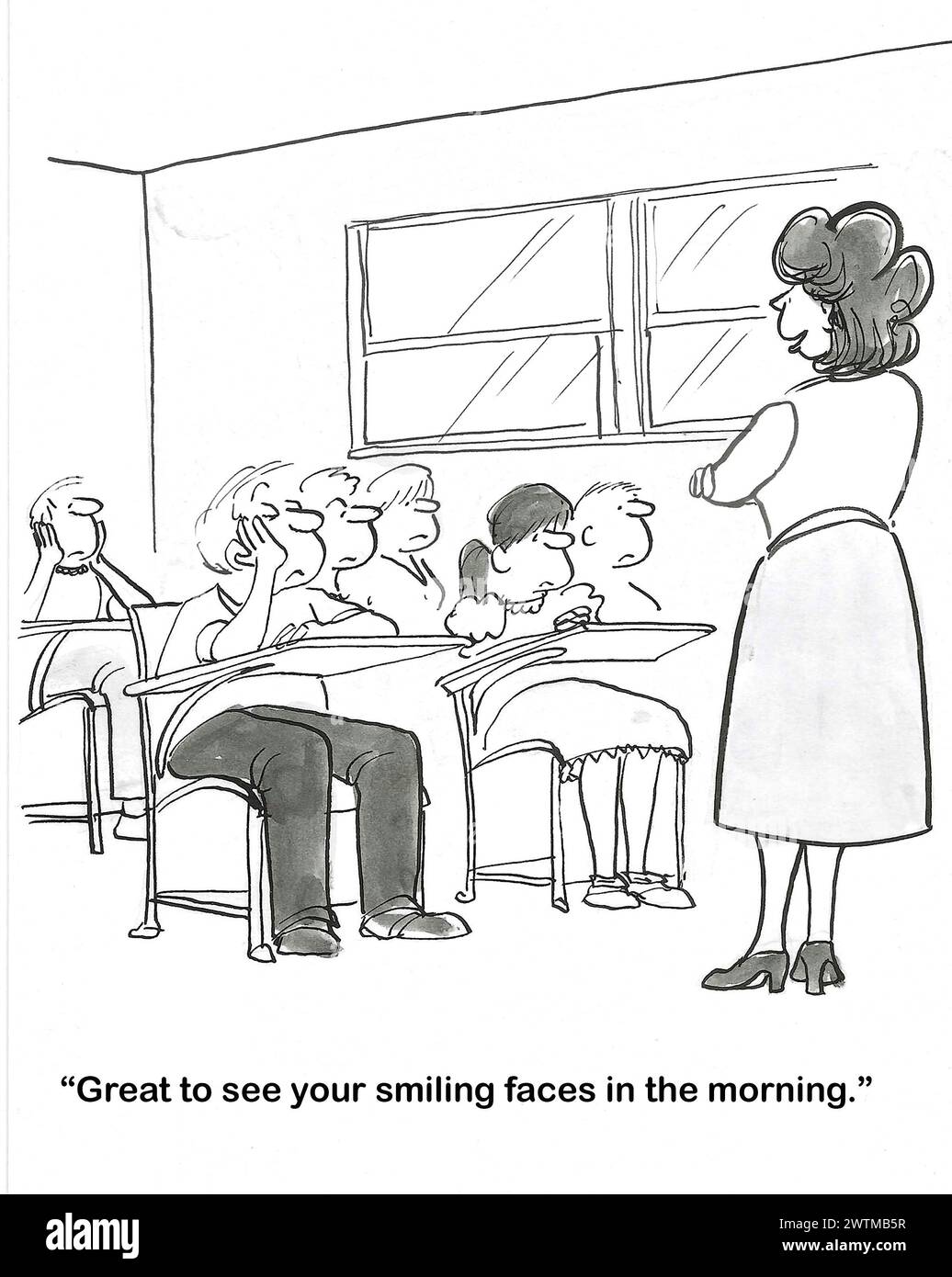 BW Cartoon eines Klassenzimmers, der Lehrer ist fröhlich, die Schüler sind düster. Stockfoto