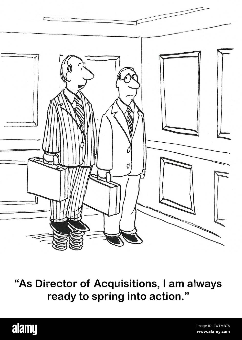 BW-Cartoon eines Director of Acquisition, der tatsächlich Federn auf seinen Schuhen hat, sodass er noch mehr bereit ist, „in Aktion zu treten“. Stockfoto