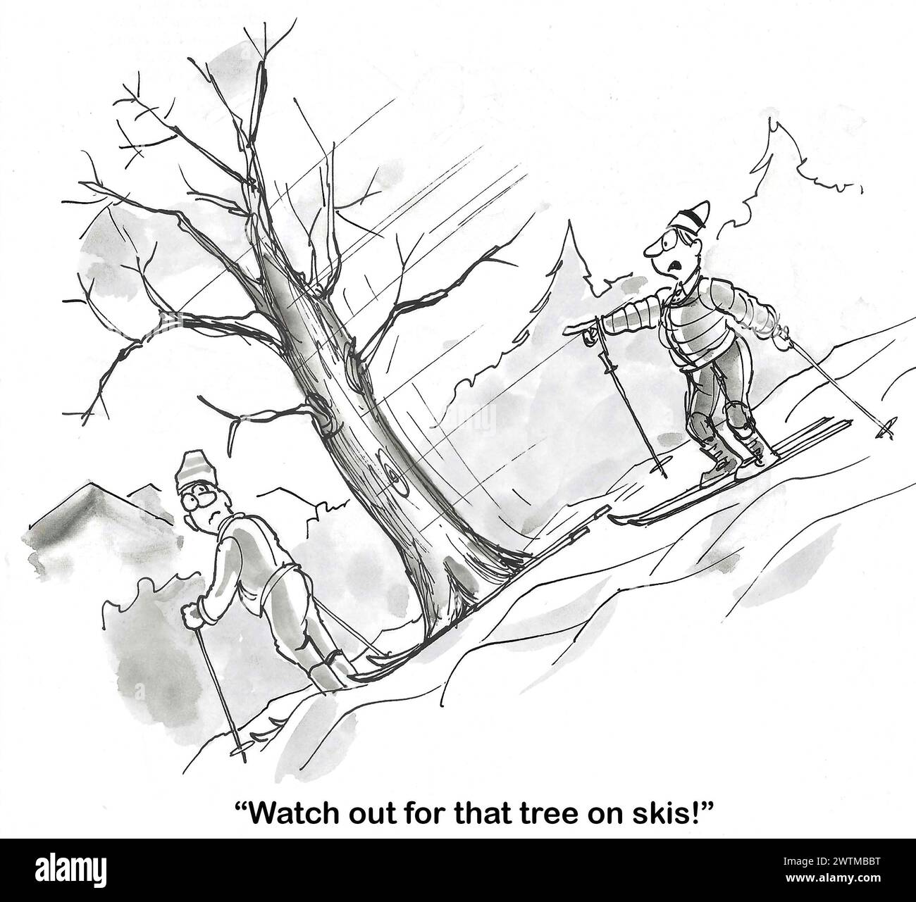 BW Cartoon einer Skipiste, Menschen Skifahren und einen Baum auf Skiern. Stockfoto