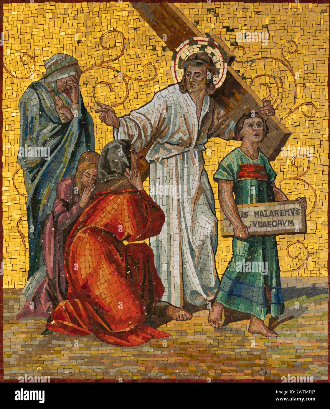 MAILAND, ITALIEN - 4. MÄRZ 2024: Das Mosaik Jesus trifft die Frauen von Jerusalem als Teil des Kreuzbahnhofs in der Kirche Chiesa di San Agostino Stockfoto