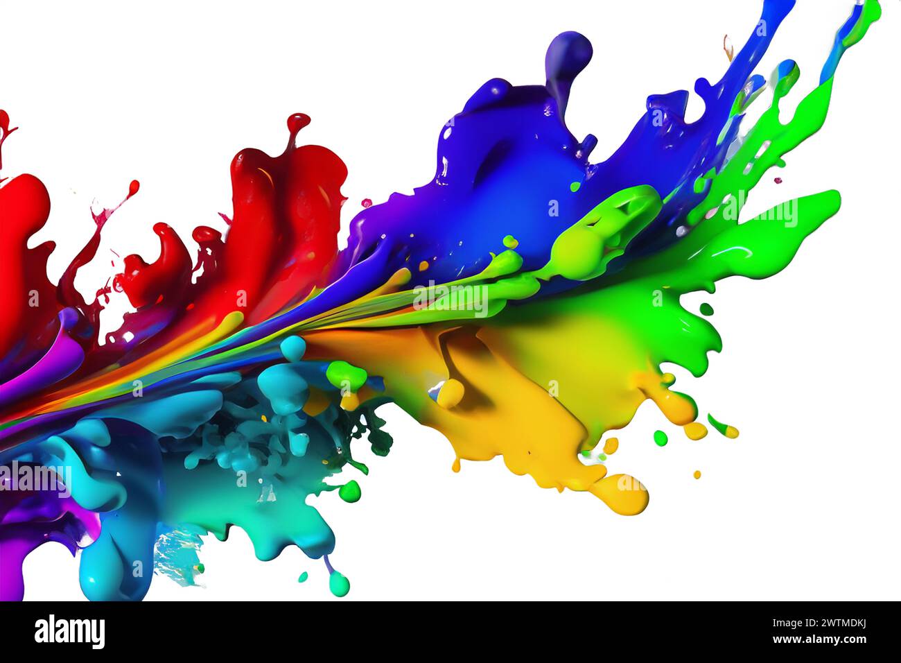 AI erzeugte Spritzer aus Farbe in Regenbogenfarben auf weißem Hintergrund Stockfoto
