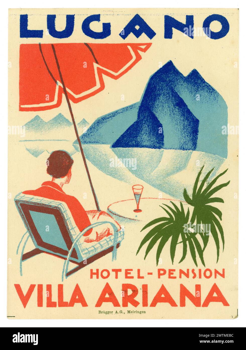Originales Gepäcklabel im Art déco-Stil der 1930er Jahre, Hotel-Pension Villa Ariana, Lugano, Luganer See, Italien. Stockfoto