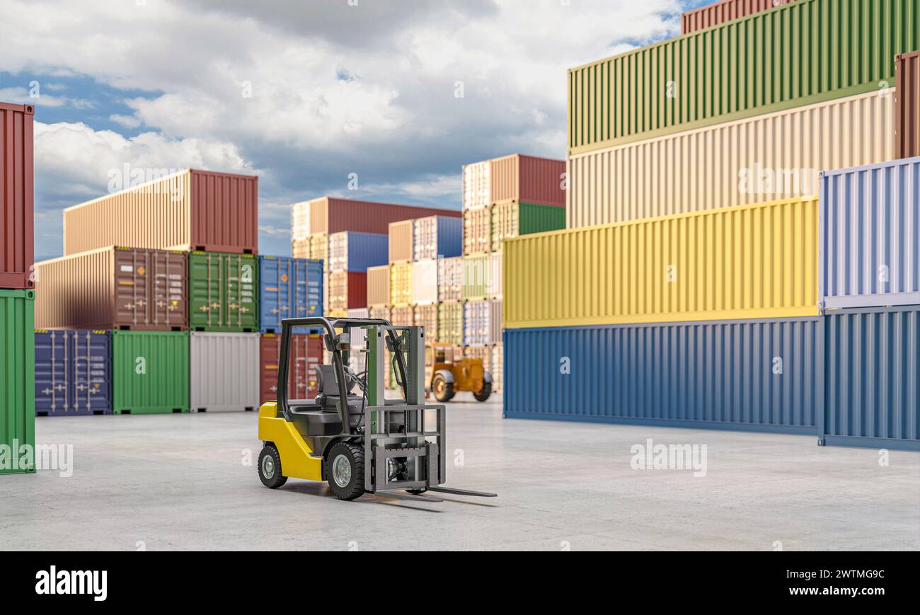Gabelstapler in Aktion an einem Containerterminal mit farbenfrohen Frachtcontainern im Hintergrund. 3D-Rendering Stockfoto