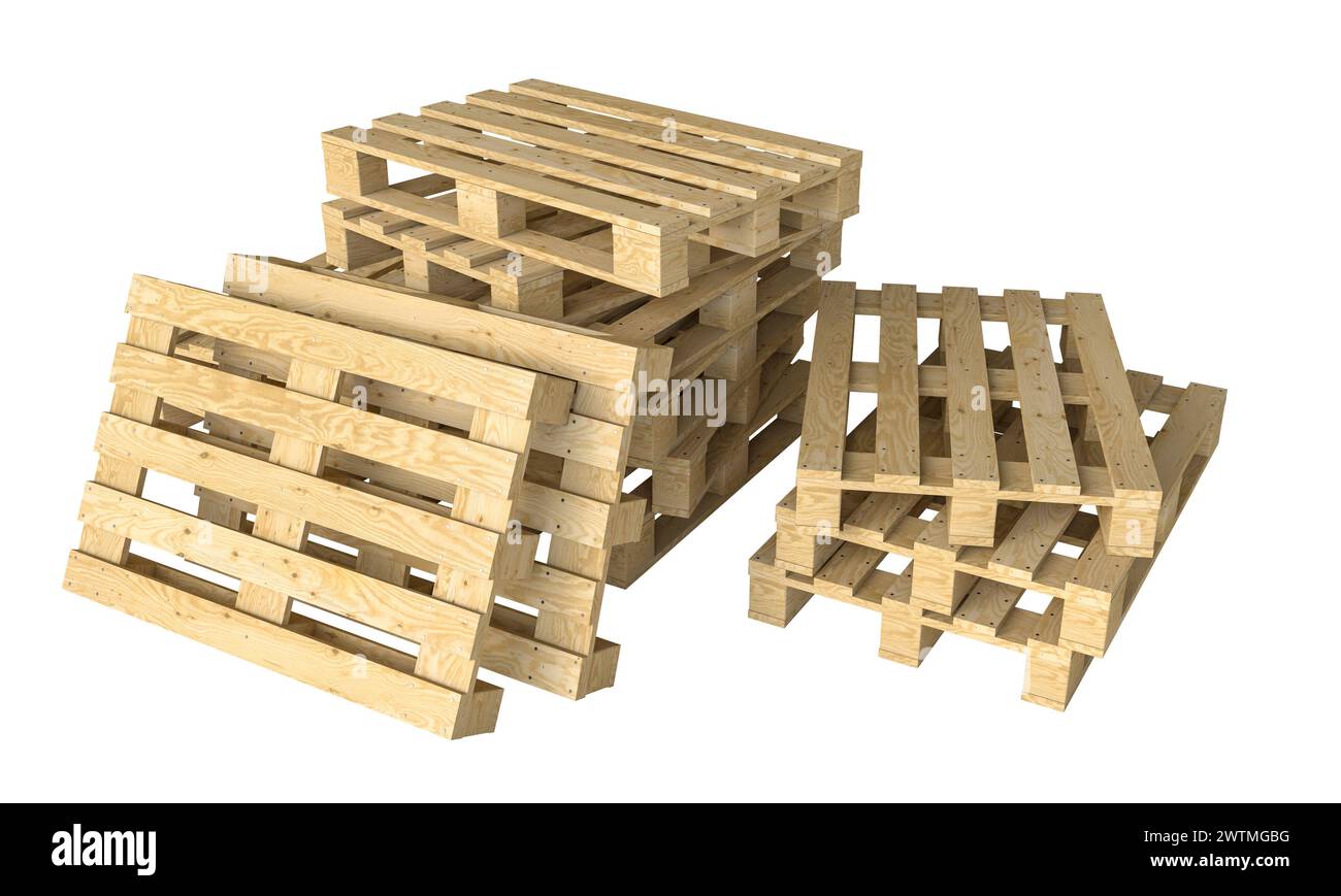 Stapel leerer Holzpaletten isoliert auf weiß, geeignet für Versand- und Logistikkonzepte. 3D-Rendering Stockfoto