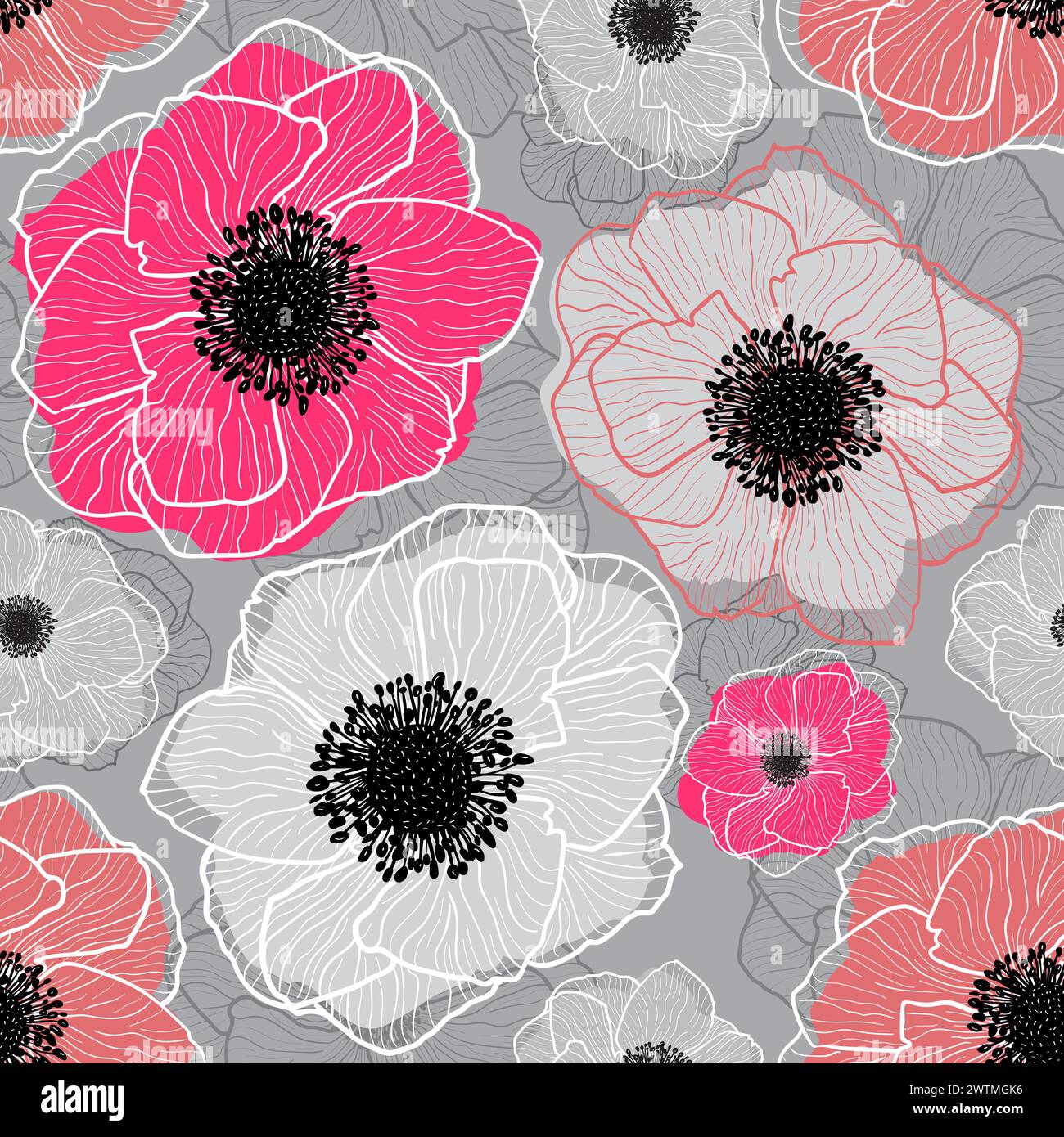 Muster Nahtlose Vektor Anemonen Grafik Rosa Blumen. Muster Vektor Anemonen Wildblumen Frühlingsblumen. Anemone-Blumenblüten. Stock Vektor