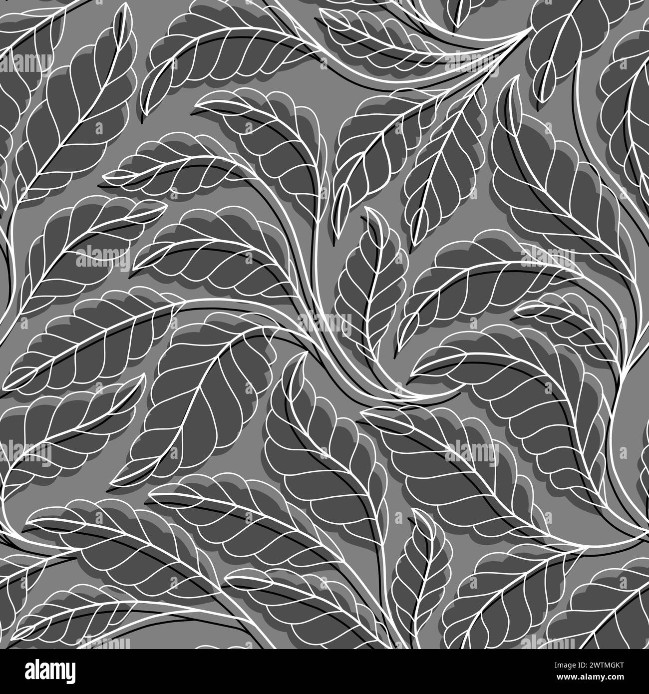 Gekrümmte Linien Verzweigungen hinterlassen grau und weiß. Nahtloses Muster mit Blättern. Vektor-Illustration für Ihr Design. Florales nahtloses Muster mit stilisiert. Stock Vektor