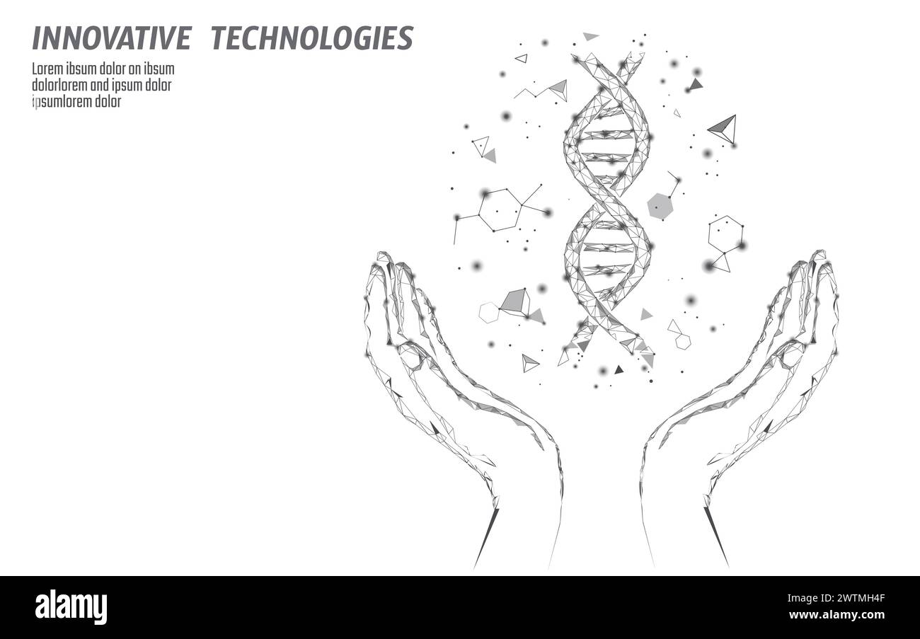 DNA 3D chemische Molekülstruktur Hände niedrig Poly. Polygonale Dreieckspunktlinie gesunder Zellteil. Mikroskopisch-naturwissenschaftliche medizinische Genomtechnik Stock Vektor