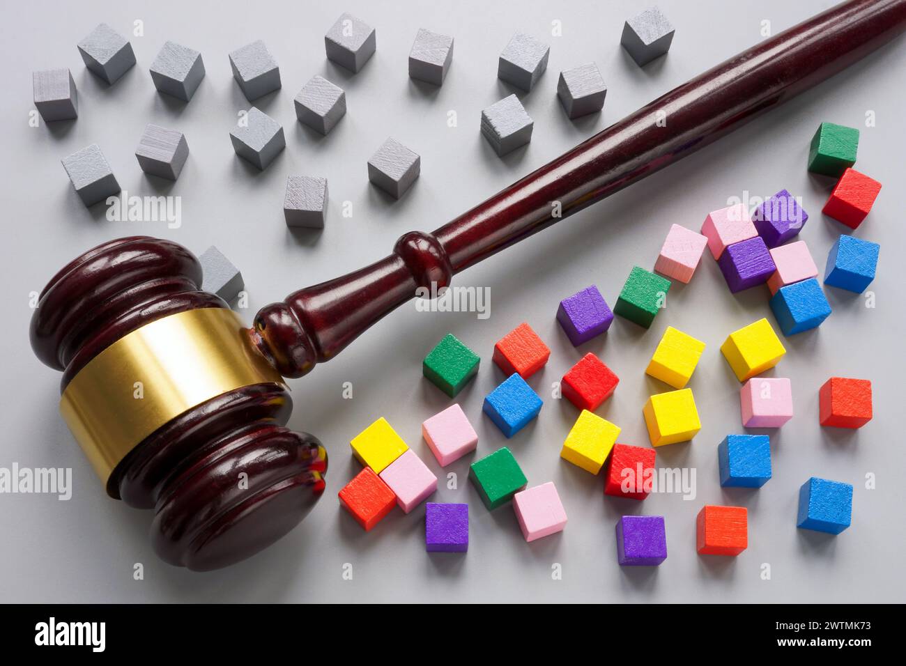 Der Hamel trennt graue Würfel von farbigen. Rechtsvorschriften über Gleichheit und Vielfalt. Soziale Gerechtigkeit. Stockfoto