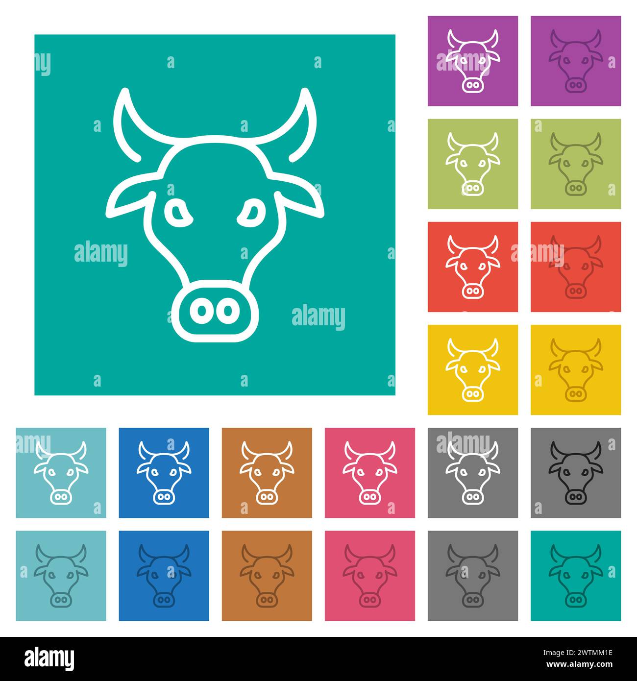 Kuhkopf umrandet mehrfarbige flache Symbole auf einfachen quadratischen Hintergründen. Enthält weiße und dunklere Symbolvarianten für Mover- oder aktive Effekte. Stock Vektor