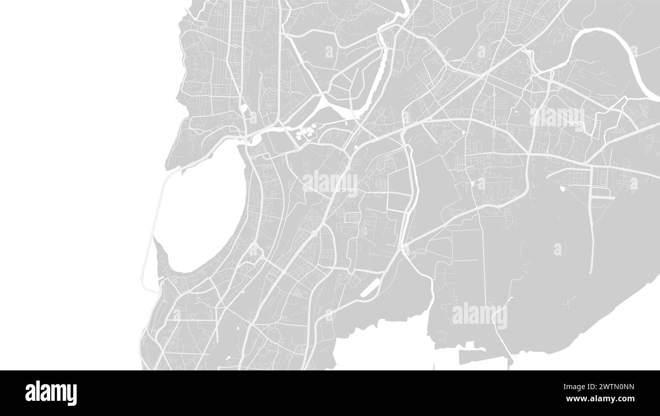 Mumbai Karte, Indien. Stadtplan in Graustufen, Straßenkarte im Vektor mit Straßen und Meeren. Stock Vektor