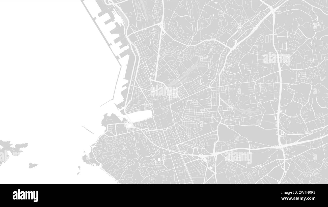 Hintergrund Marseille Karte, Frankreich, weißes und hellgraues Stadtposter. Vektorkarte mit Straßen und Wasser. Breitbildformat, digitales flaches Design Stock Vektor