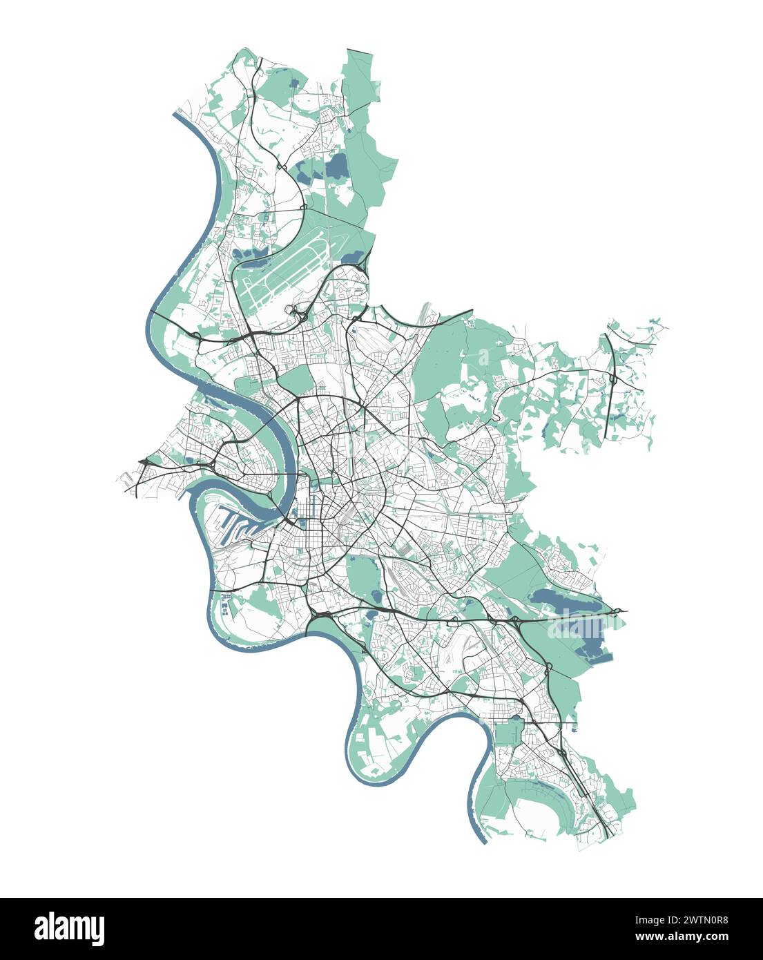 Karte von Düsseldorf, Deutschland. Detaillierte Stadtvektorkarte, Metropolregion mit Grenze. Straßenkarte mit Straßen und Wasser. Stock Vektor