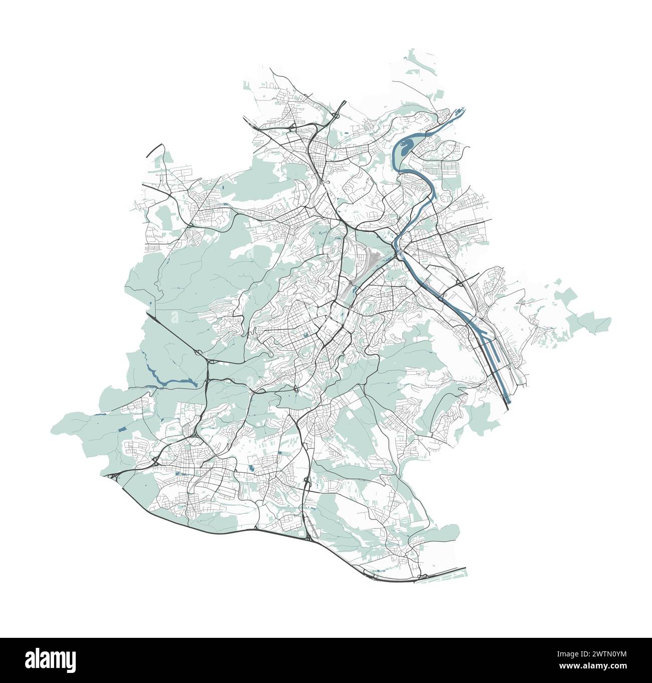 Karte von Stuttgart, Deutschland. Detaillierte Stadtvektorkarte, Metropolregion mit Grenze. Straßenkarte mit Straßen und Wasser. Stock Vektor